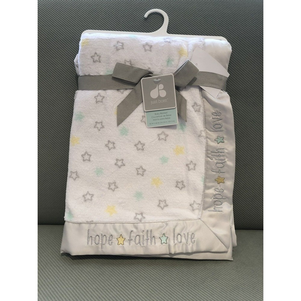 Just Born Baby Blanket Plush White Stars Satin Trim Hope Faith Love New